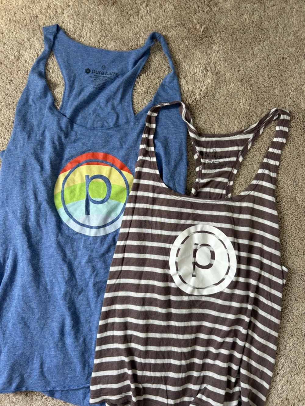 Pure Barre Rainbow Logo Blue Tank & Brown Striped Racerback